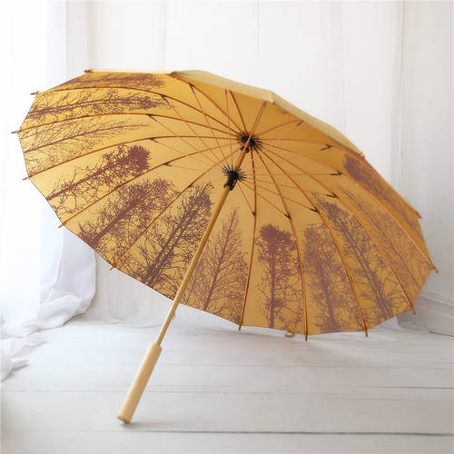 PEIXIN 양산 자작나무 숲 16 개 뼈대 복고풍레트로 목제 우산 수직 긴 손잡이 우산 남녀 중국풍 대나무 우산