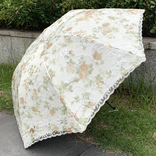 양산 파라솔 자외선 차단 여성용 이중 자외선 차단 썬블록 비닐 양산 레이스 우산 여성용 자수 공주 맑은 비 다목적