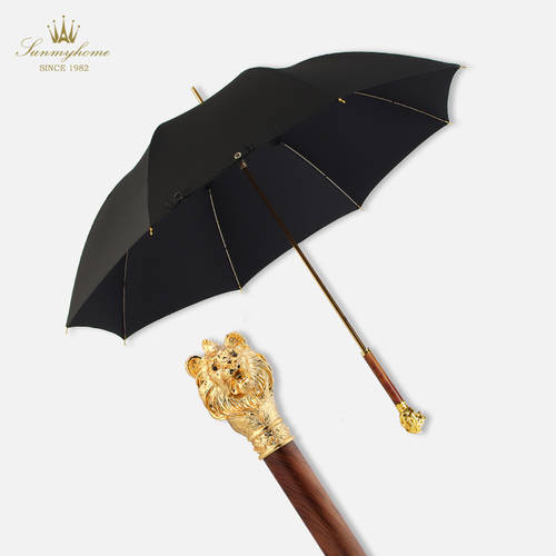 Sunmyhome 금도금 사자 모양 헤드 양산 남여공용 독창적인 아이디어 상품 레트로 우산 영국 비즈니스 부채 일자 손잡이 2인용 우산