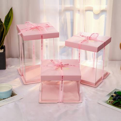 핑크색 투명한 케이크 케이스 6 8 10 12 인치 싱글 이중 3단 사이즈업 생일 케이크 포장 박스 10 커버