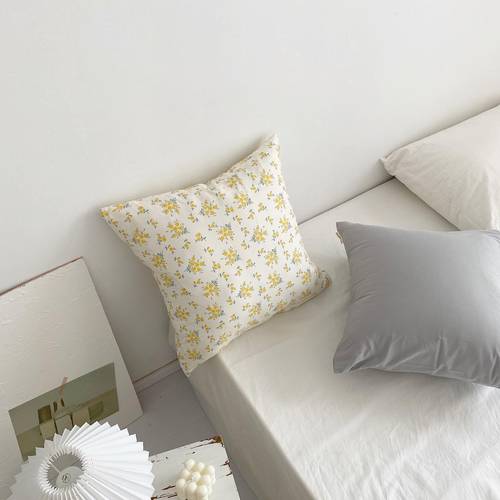 춘리 ！ 귀여운 NEW 일본풍 꽃무늬 연노랑 Sequan 면 미술 쿠션 사각 베개 침실 침대용 올매치 잡동사니