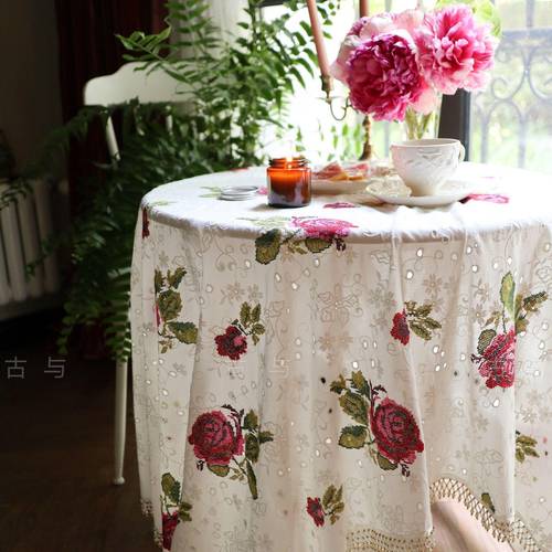 고대와 미학 { 에덴 동산 } 프렌치 레트로 식물 장미 입체형 자수 식탁보 테이블 보 미술 진주 태슬 레이스 테이블 보