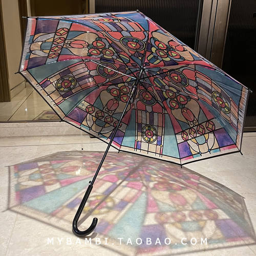 예쁜 로맨틱 레트로 페인팅 색깔 스테인드 글라스 투명 우산 곡자 반자동 공주 장우산 우산 여성용 출산하다