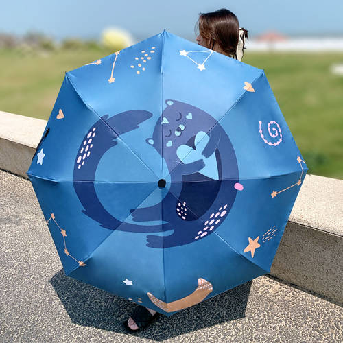 귀여운 카드 고양이 미 블랙 접착제 자외선 차단제 양산 파라솔 학생 소녀 하느님 양산 3단접이식 우산 양산 모두사용가능 자외선 차단
