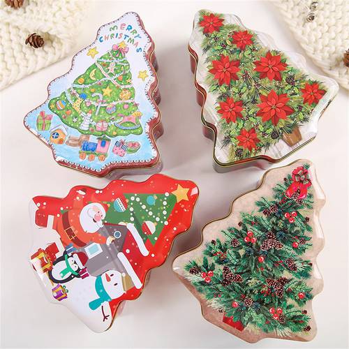 Christmas Tree Shaped Tin Case Xmas Santa Claus Biscuits Coo