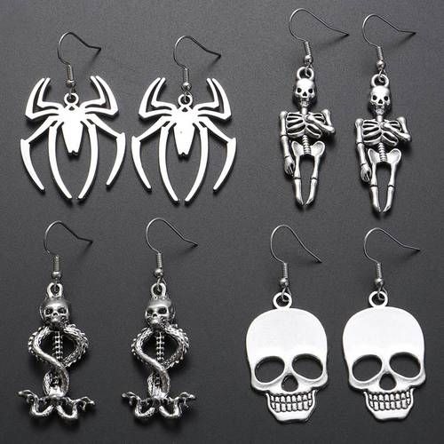 1Pair Halloween Earrings Spider Skull Dagger Wings Cross Moo