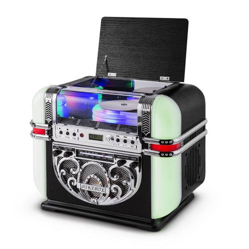 RICATECH 미식 레트로 50&39; 화려한 LED라이트 탁상용 CD 플레이어 다기능 쥬크박스 jukebox