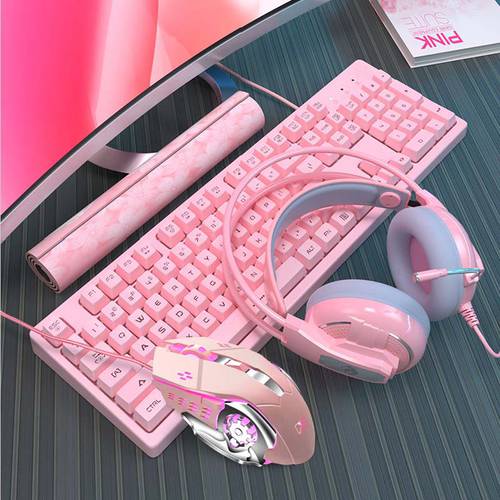 핑크색 소녀감성 기계식키보드 마우스 세트 머리 가벼운 게임 PC 귀여운 요즘핫템 셀럽 어린 소녀 이어폰