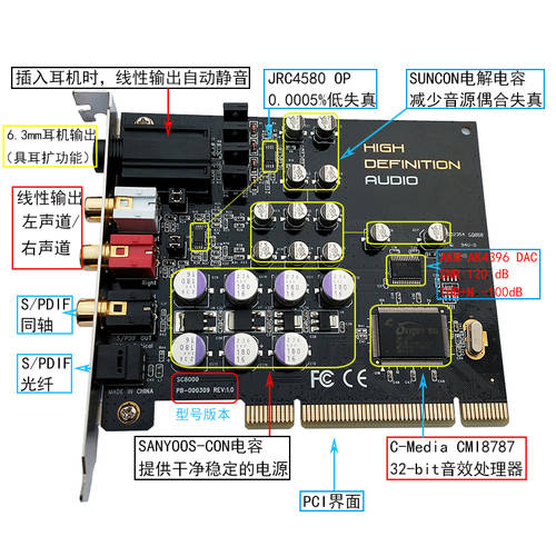 PCI 7.1 사운드카드 E 디지털 스피커 내장형 독립형 데스트탑PC 동축케이블 광섬유 HIFI 하이파이 5.1
