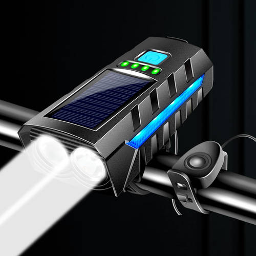해외 신상 신형 신모델 자전거 라이트 전조등 스피커 듀얼 램프 태양 충전 가능 강력한 빛 손전등 플래시라이트 야간 사이클 라이딩용 램프 설치 예비