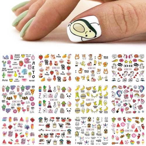 12pcs Avocado Nail Stickers Cute Cartoon Transfer Sliders