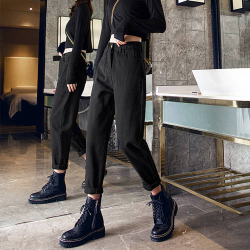 블랙 컬러 데님 바지 여성 가을철 신제품 신상 한국 하이웨이스트 루즈핏 스트레이트 핏 키 커보이는 슬림핏 배기바지 무 올드한 느낌의 바지 아이