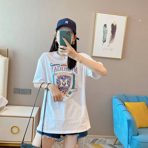OUZHOUZHAN  년 신상 요즘핫템 셀럽 개성있는 프린팅 미디 플레어 티셔츠 한국판 루즈핏 화이트 반팔 t 셔츠 여성용