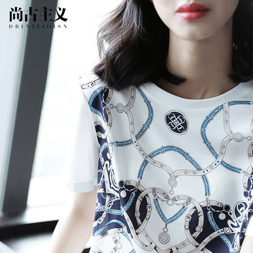 Shangu 교의  여름옷 신제품 신상 프린팅 시폰 티셔츠 T셔츠 화이트 컬러 서클 칼라 루즈핏 올매치 패션 트렌드 짧은 소매 상단