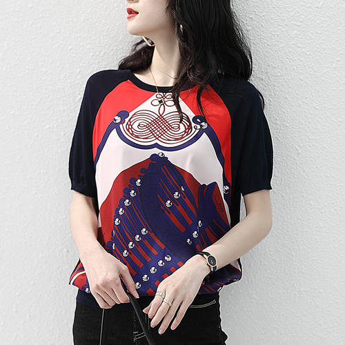  봄 여름 신상 프린팅 짧은 소매 상단 시폰 유럽 상품 조합 라운드 넥 루즈핏 슬림 편물 티셔츠 T셔츠 여성용 패션 트랜드
