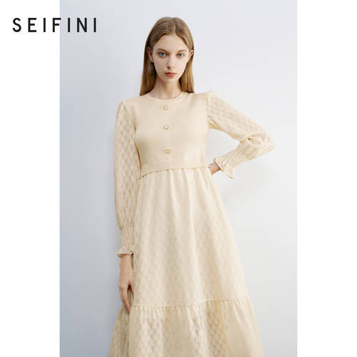 백화점 동일상품 Shi Fanli 원피스 여성용  년 신상 가을옷 캐주얼 분위기 라운드 넥 허리밴딩 슬림 치마