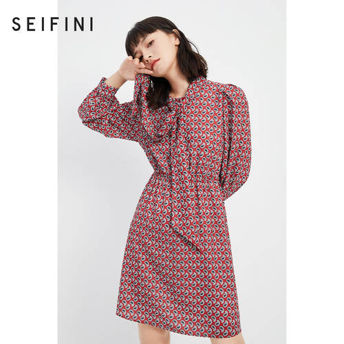 Shi Fanli 원피스 여성용  년 신상 가을옷 프렌치 레트로 프린팅 리본 분위기 허리밴딩 슬림 치마