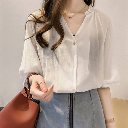  여름 지신 제품 브이넥 V넥 시폰 자외선 차단 썬블록 상의 루즈핏 한국판 짧은 쇼트 반소매 t 셔츠 여성의류 ins 패션 트랜드
