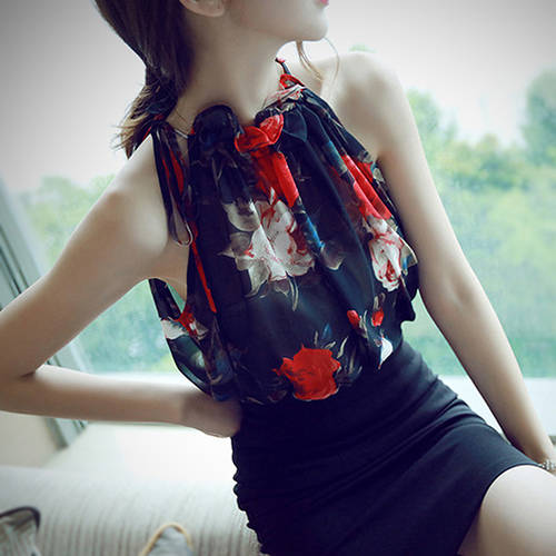  여름 신상 시폰 셔츠 민소매 섹시한 여성복 목걸이형 t 셔츠 옷 계획 꽃무늬 분위기 시폰 상의
