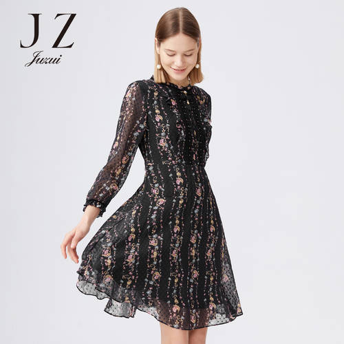 JUZUI/ 지우 지 공식 플래그십스토어  가을 신제품 신상 누에실 멀버리 실크 꽃무늬 밴딩 미디 플레어 여성 드레스