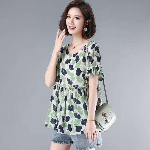 써머 여름용 반팔 시폰 셔츠 여성용 패션 트렌드 조합 꽃무늬 블라우스 내의 치마 꽃잎 소매 티셔츠 T셔츠 올매치 망사 상의 패션 트랜드