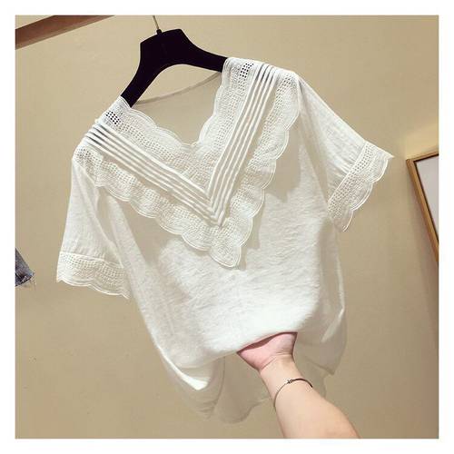시폰 셔츠 여성용 반팔  여름 지신 스타일 한국판 루즈핏 t 얇은 셔츠 제품 V 작은 칼라 셔츠 레이스 상의 여성용