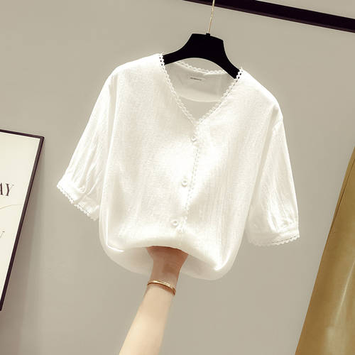 화이트 반팔 티셔츠 T셔츠 여성의류 V 칼라 시폰 상의  년 신상 Chaoxia 시즌 여름옷 레이스 짧은 쇼트 하이웨이스트