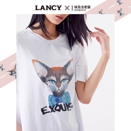 LANCY x 이집트 법 늙은 고양이  여름 시즌 창작품 신제품 라운드 넥 반팔 t 셔츠 여성용 상의 ins 트렌디한 설치