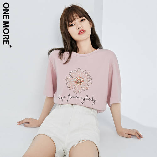 【2 개  】ONE MORE 신제품 신상 플라워 드롭 숄더 반팔 티셔츠 T셔츠 라운드 넥 핑크색 T 루즈핏 디자인 상의 여성용