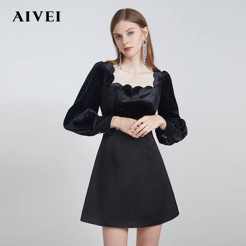 AIVEI AIVEI  가을 새로운 큐빅 꽃 장식 벨벳 하이웨이스트 드레스 블랙 원피스 M0560126