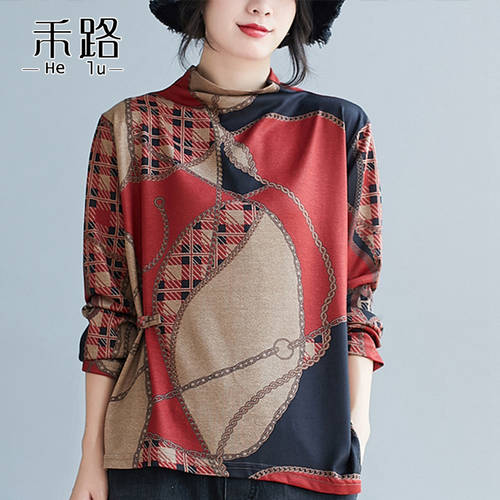 가을 겨울 옷 신제품 신상 반폴라 하프넥 대형 빅 사이즈 루즈핏 이너  년 여성 복고풍 프린팅 민족풍 상의 티셔츠 T셔츠