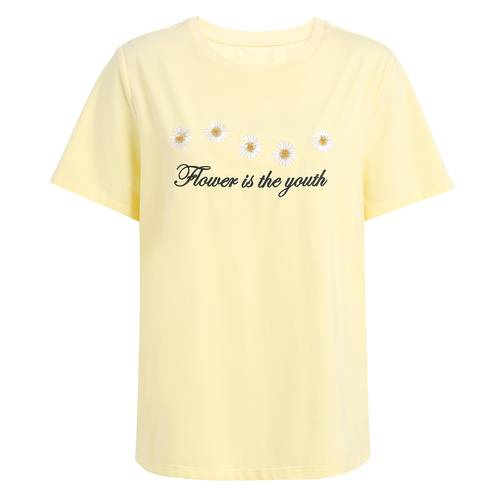 FIVE PLUS 신상 여성 여름옷 반팔 티셔츠 T셔츠 여성용 루즈핏 자수 데이지 상의 패션 트랜드 라운드 넥 알파벳