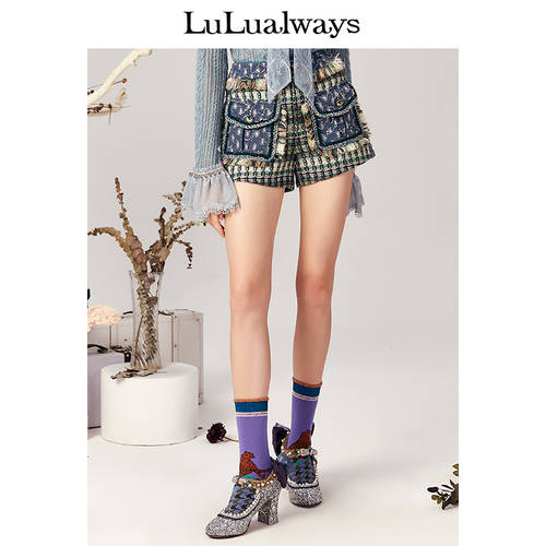LuLualways/ 나는 사랑한다 Lulu  가을 글리터 데님 조합 태슬 레이스 니트 모직 반바지 숏팬츠 LLC3035