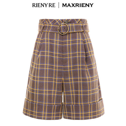 【RIENY RE 시리즈 】MAXRIENY 가을 신제품 신상 체크무늬 하이웨이스트 와이드 버뮤다 대형 반바지 숏팬츠 여성