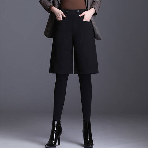 모직 바지 아이 여성 가을 겨울 신제품 신상 위에 걸쳐 입는 스트레이트 핏 와이드 5부 바지 루즈핏 하이웨이스트 블랙 캐주얼 반바지 숏팬츠 여성 바지