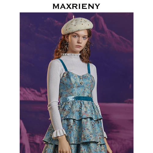MAXRIENY 패션 트렌드 프린팅 아름다운 뒤 뷔스티에 원피스 선 드레스 위에 걸쳐 입는 미디 플레어 케이크 스커트 요정 여성 스커트