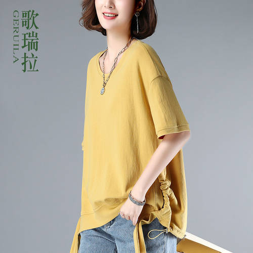 t 셔츠 여성용 반팔 루즈핏 한국판  써머 여름용 신상 신형 신모델 슬림핏 올매치 코디하기 쉬운 단색 라운드 넥 티셔츠 대형 빅 사이즈 상의