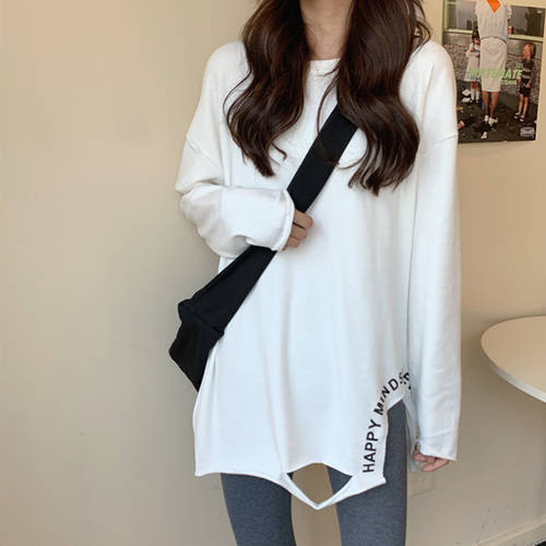 한국 가을 새로운 한국어 버전 캐주얼 알파벳 디스트로이드 폭 Matsuzaka 제품 이너 화이트 긴 소매 긴팔 티셔츠 T셔츠 여성용 패션 트렌드