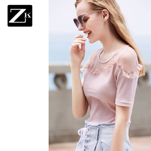 ZK 레이스 조합 여성용 티셔츠 T셔츠 시폰 반팔 핑크색  써머 여름용 신제품 신상 오간자 슬림핏 레이디 상의 패션 트랜드