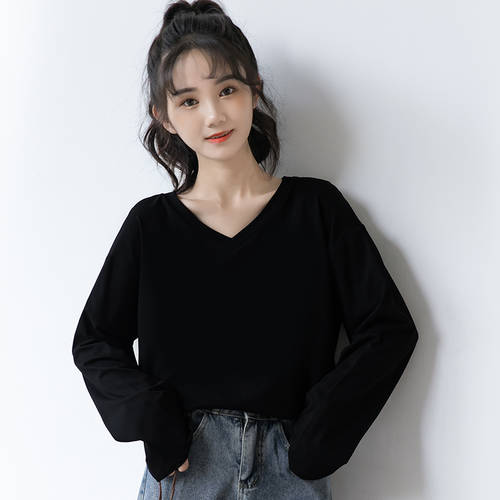  가을 신제품 신상 심플 올매치 블랙 V 칼라 t 셔츠 여성용 루즈핏 한국판 긴 소매 긴팔 이너 이너 상의 패션 트랜드