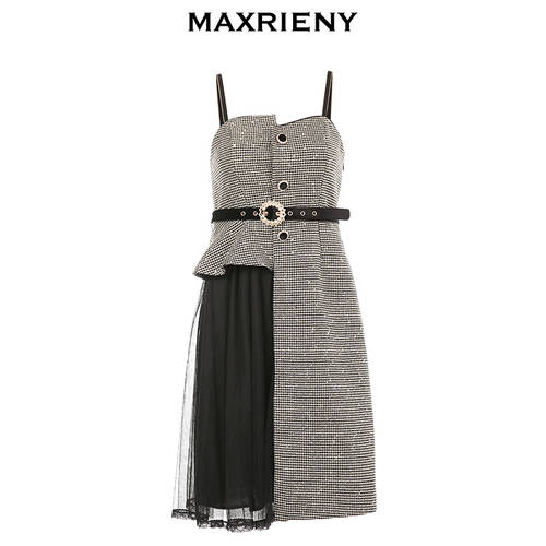 MAXRIENY 가을 신제품 신상 흑백 체크무늬 비대칭 망사 밑단 아랫단 분위기 민소매 뷔스티에 원피스 선 드레스