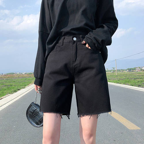 블랙 하이웨이스트 5 점 데님 반바지 숏팬츠 여성 루즈핏 가을 겨울 위에 걸쳐 입는 남자 이름 부츠 팬츠 반바지 패션 트랜드 ins 스트레이트 핏 홍콩 스타일