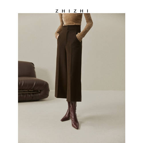 ZHIZHI 알고 Xizi 니트 모직 와이드 팬츠 여성 가을 겨울  신제품 신상 하이웨이스트 스트레이트 핏 9 점 블랙 범퍼 두꺼운