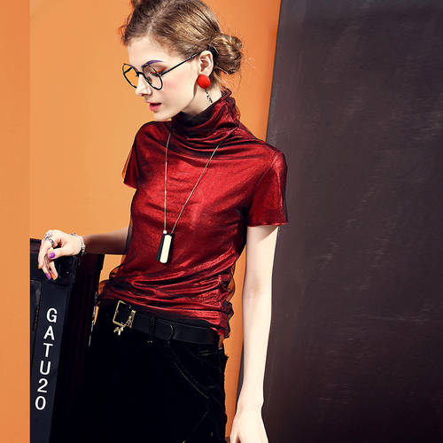  신제품 신상 가을 유럽 상품 여성복 폴라넥 터틀넥 목폴라 반팔 t 셔츠 여성용 OUZHOUZHAN 슬림핏 실크 망사 이너 패션 트랜드