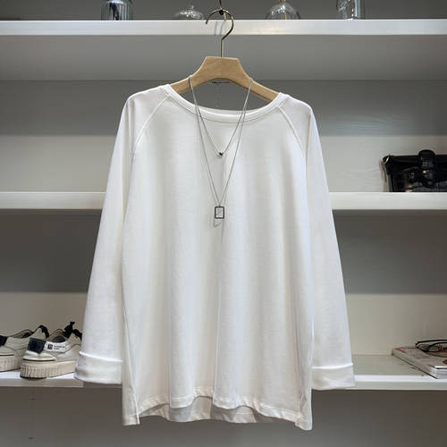 한국판 순면 심플 기초 베이직 티셔츠 T셔츠 여성용 래글런 슬리브 루즈핏 올매치 라운드 넥 긴 소매 긴팔 이너 상의 패션 트랜드