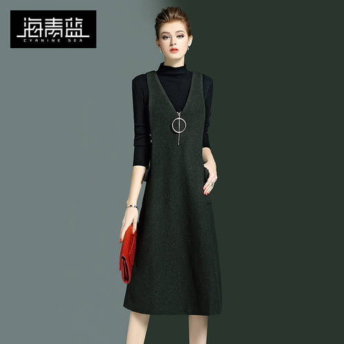 Haiqing 블루  가을옷 신상 신형 신모델 유럽 단색 V 칼라 선 드레스 슬리브리스 여성용 슬림핏 올매치 니트 원피스 2455