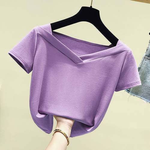 퍼플 V 칼라 슬림핏 반팔 여성용 t 셔츠  여름옷 NEW 한국어 버전 단색 반소매 ins 요즘핫템 셀럽 짧은 쇼트