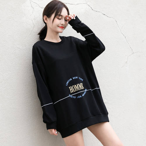 짐소  신상 신형 신모델 자수 편리한 폭 Matsuzaka 검정 컬러 티셔츠 T셔츠 여성용 봄 가을 롱 소매 바닥 셔츠 한국버전