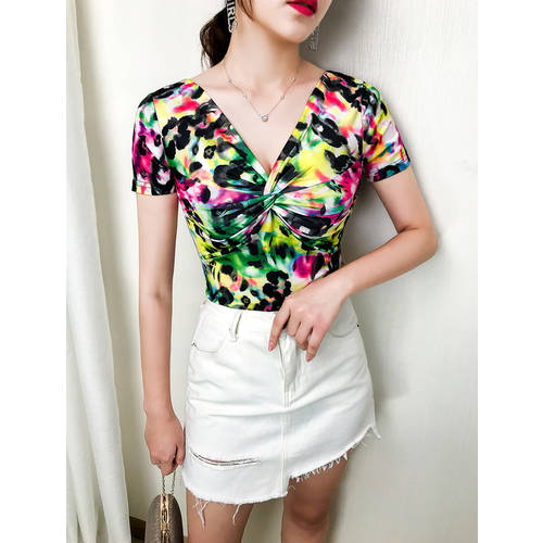 섹시한 여성복 여름 상품 반팔 t 셔츠 V 칼라 상의 여성용 로우 컷 리본 넥클라인 밴딩 슬림핏 프린팅 블라우스 내의