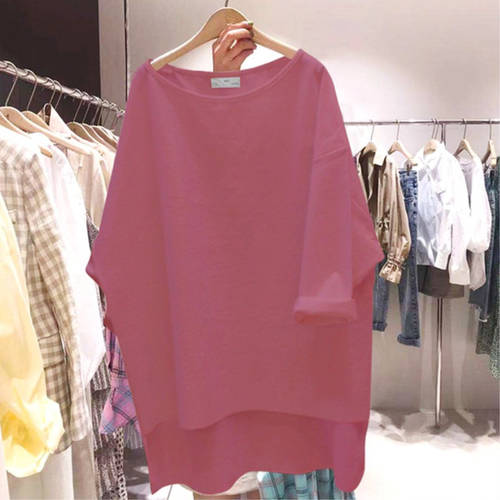 7부 소매 t 셔츠 여성용  NEW 한국어 버전 루즈핏 가오리 돌먼 소매 앞면은 짧고 뒷면은 긴 루즈핏 심플 한국풍 상의